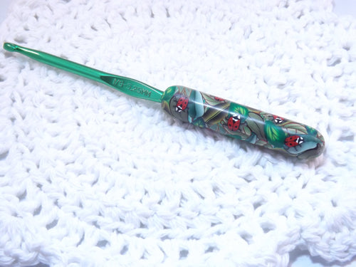 Ladybugs on Leaves Polymer Clay Covered Crochet Hook