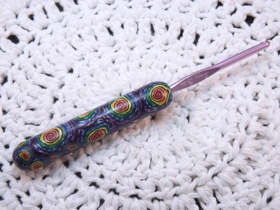 Rainbow Spirals Polymer Clay Covered Crochet Hook