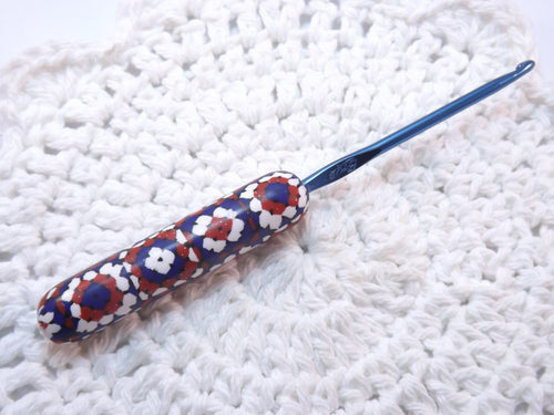 Patriotic Red, White and Blue Granny Squares Polymer Clay Crochet Hook